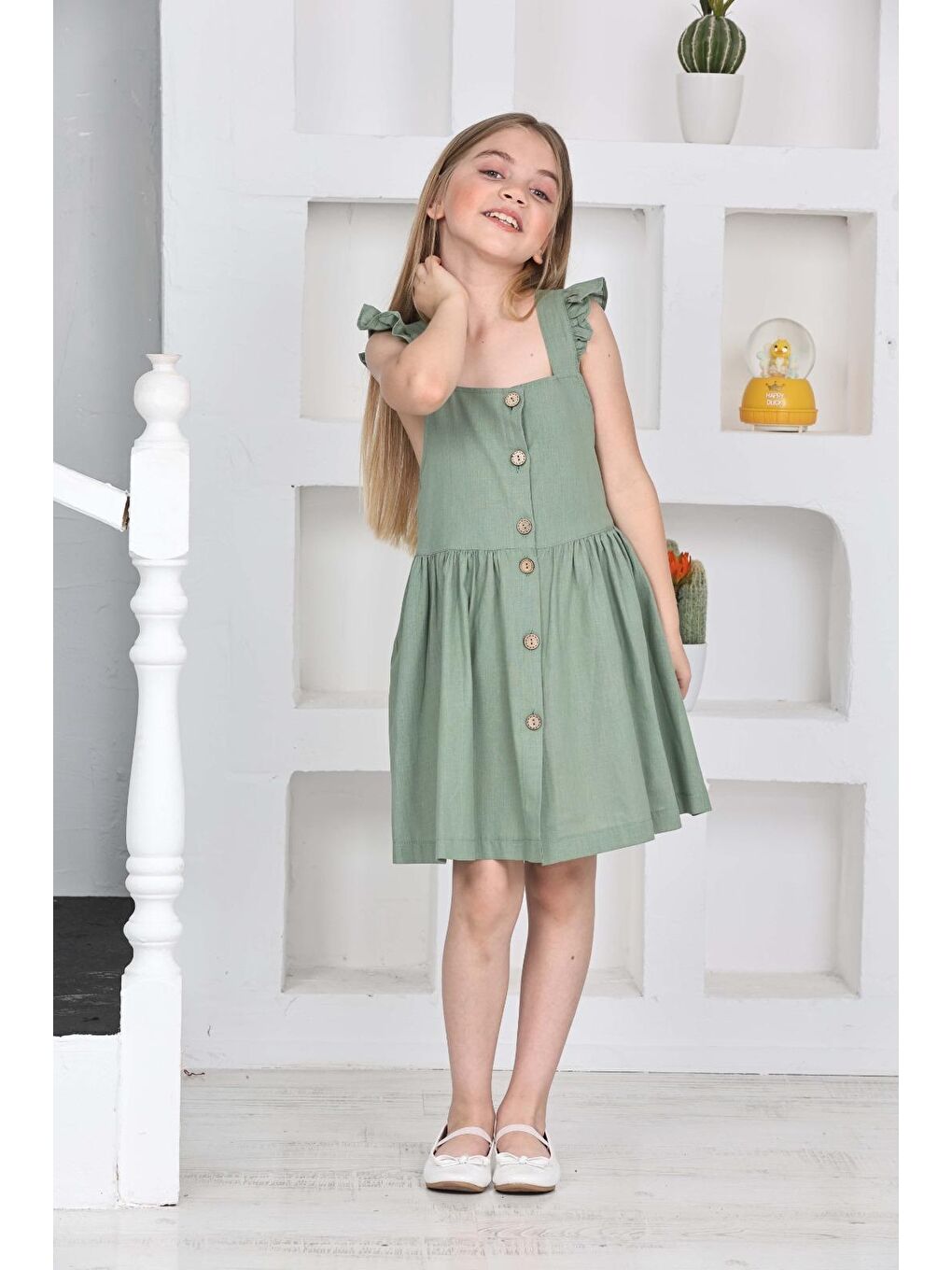 Yeşil Kız Çocuk %100 Pamuk Keten Elbise 12197-2