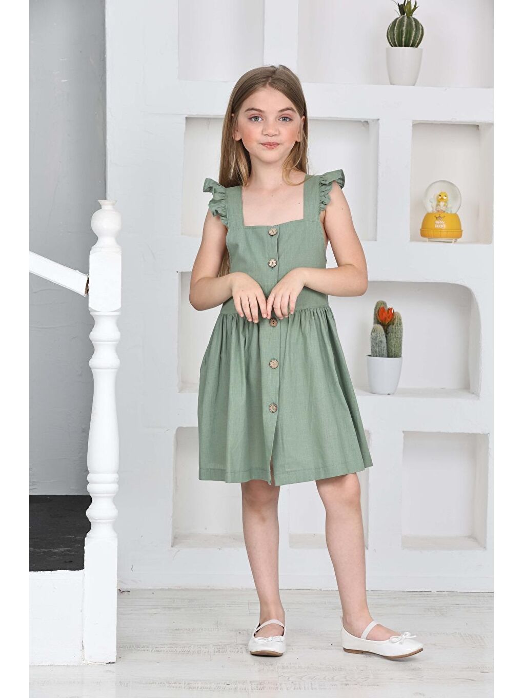 Yeşil Kız Çocuk %100 Pamuk Keten Elbise 12197-3