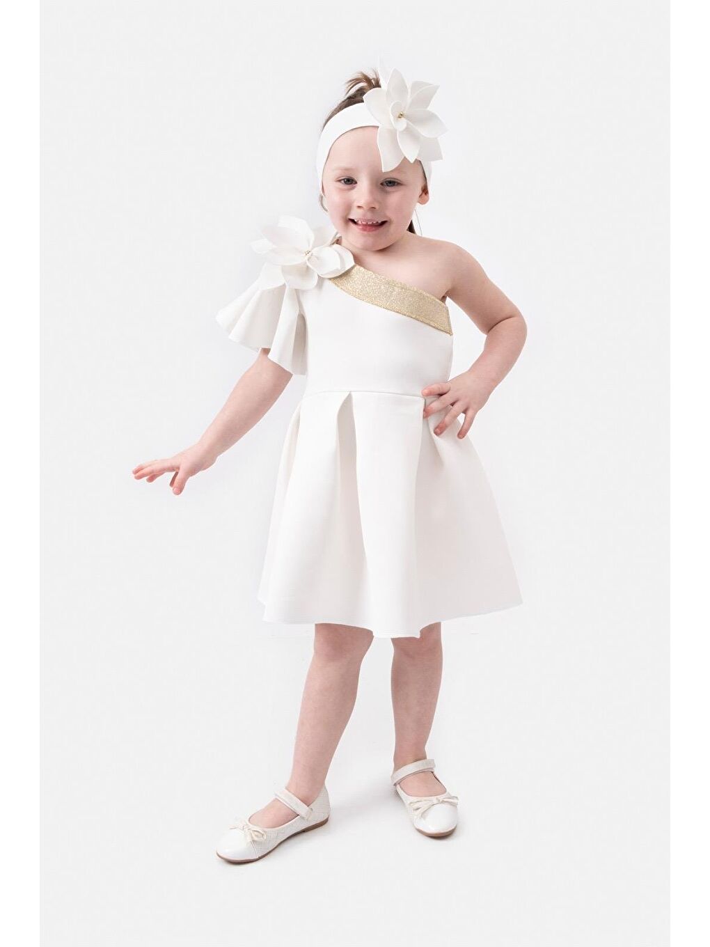 Beyaz Kız Çocuk Dalgıç Kumaş Pembe Çiçekli Bandalı Tek Omuz Elbise-2