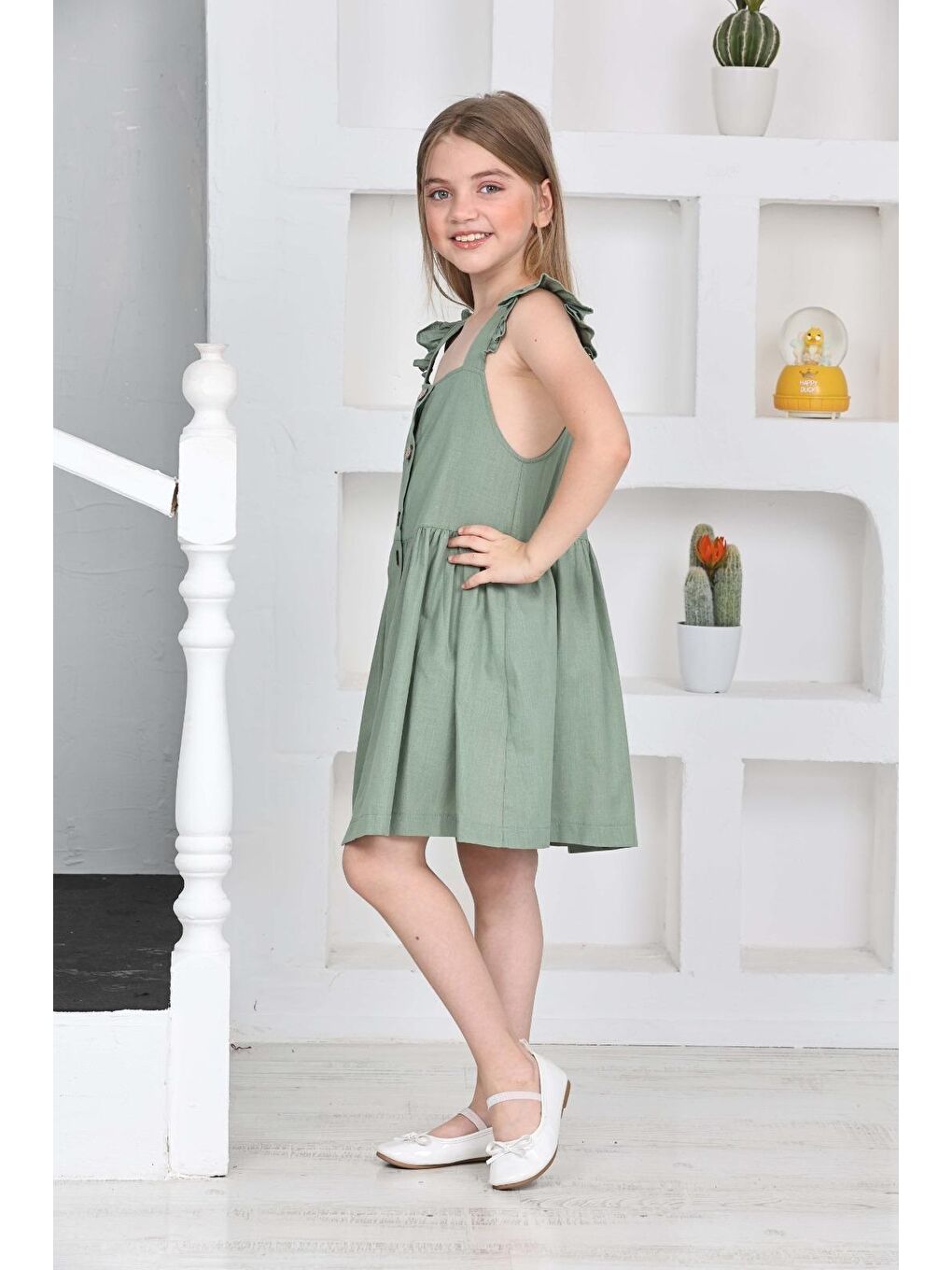 Yeşil Kız Çocuk %100 Pamuk Keten Elbise 12197-4