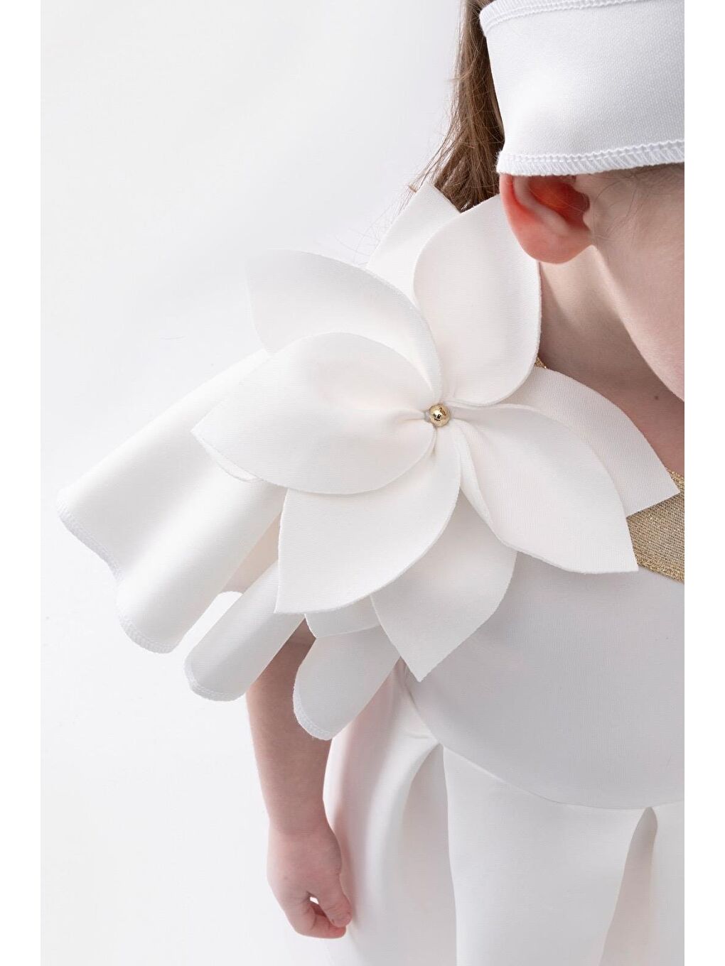 Beyaz Kız Çocuk Dalgıç Kumaş Pembe Çiçekli Bandalı Tek Omuz Elbise-4