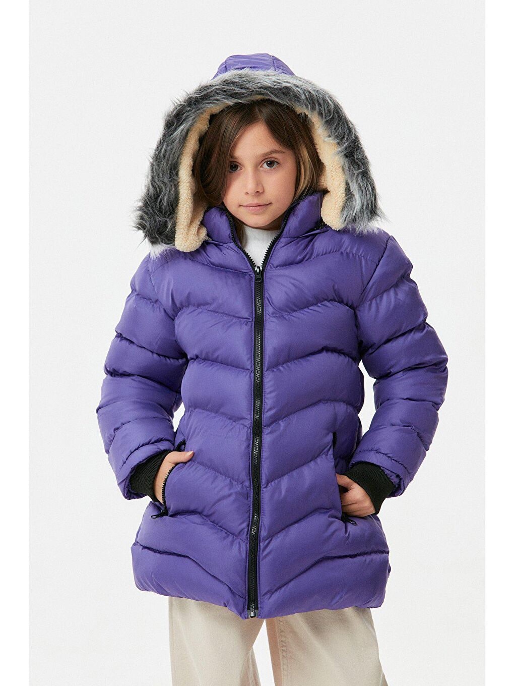 Mor Cebi Fermuarlı Kız Çocuk Şişme Mont-4