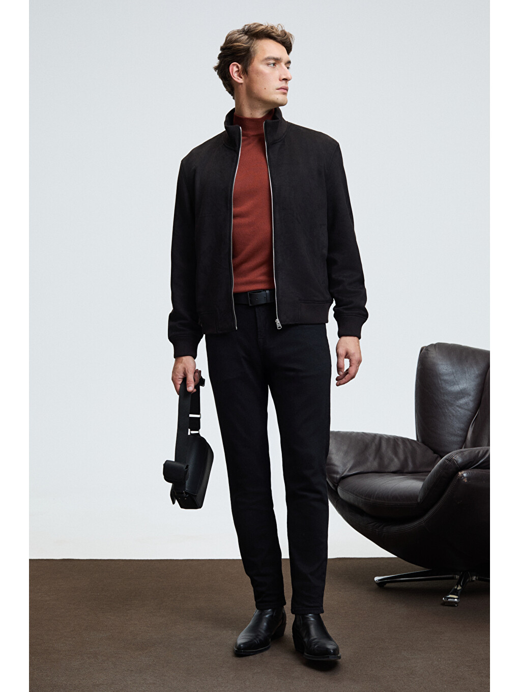Kahverengi Rebel Erkek Yarım Balıkçı Yaka Basic Slim Fit Triko Kiremit Kazak-1