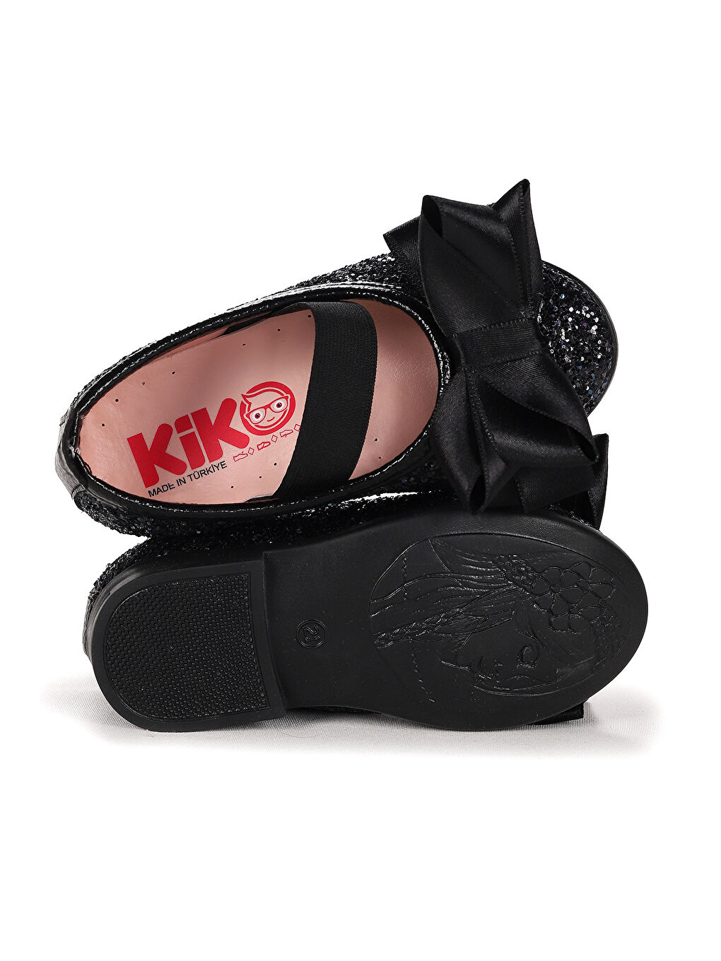 Siyah Panı Cam Kırığı Fiyonk Lastikli Kız Bebek Babet Ayakkabı-4