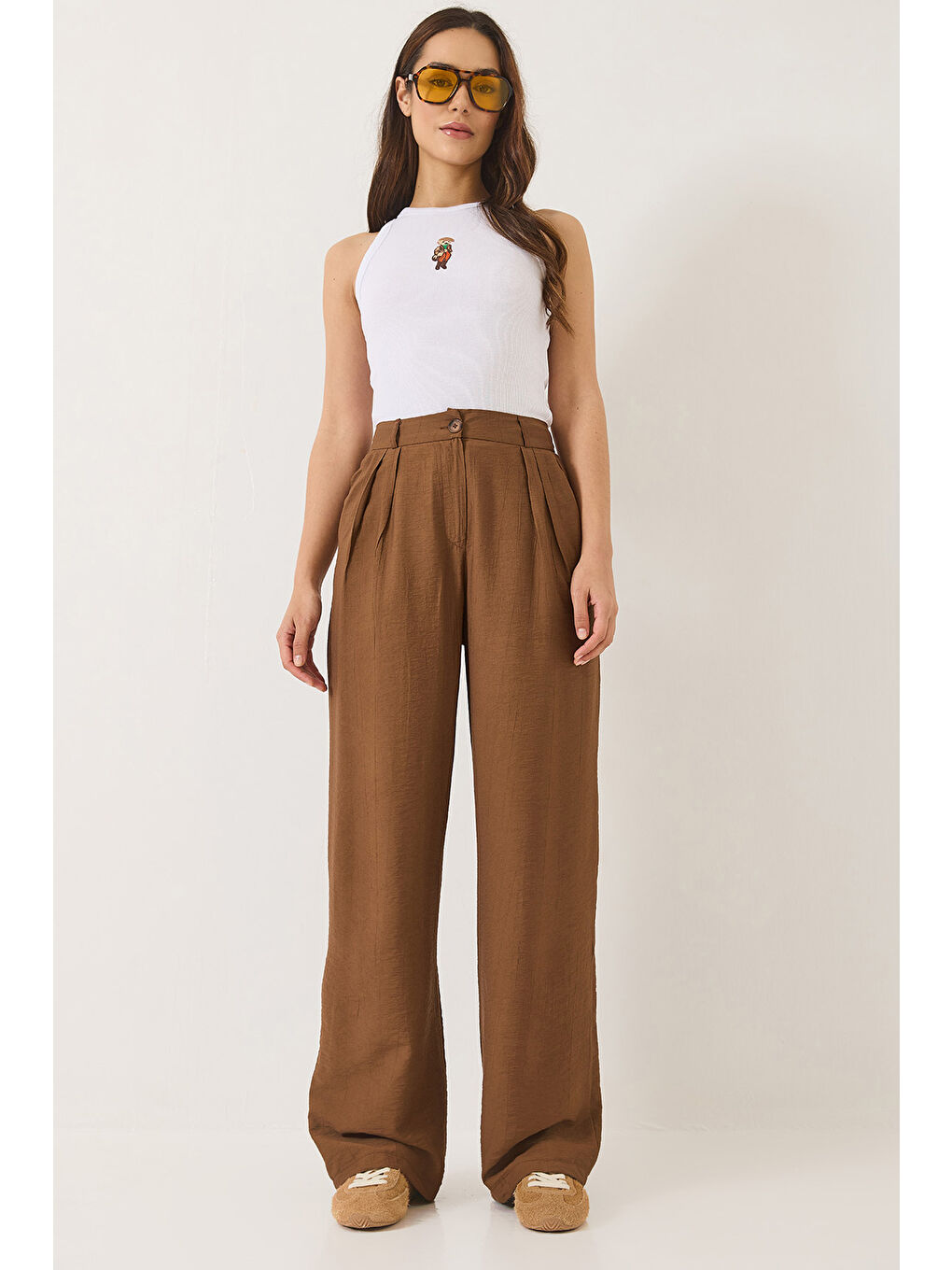 Kahverengi Kadın Cep Detaylı Palazzo Kumaş Pantolon