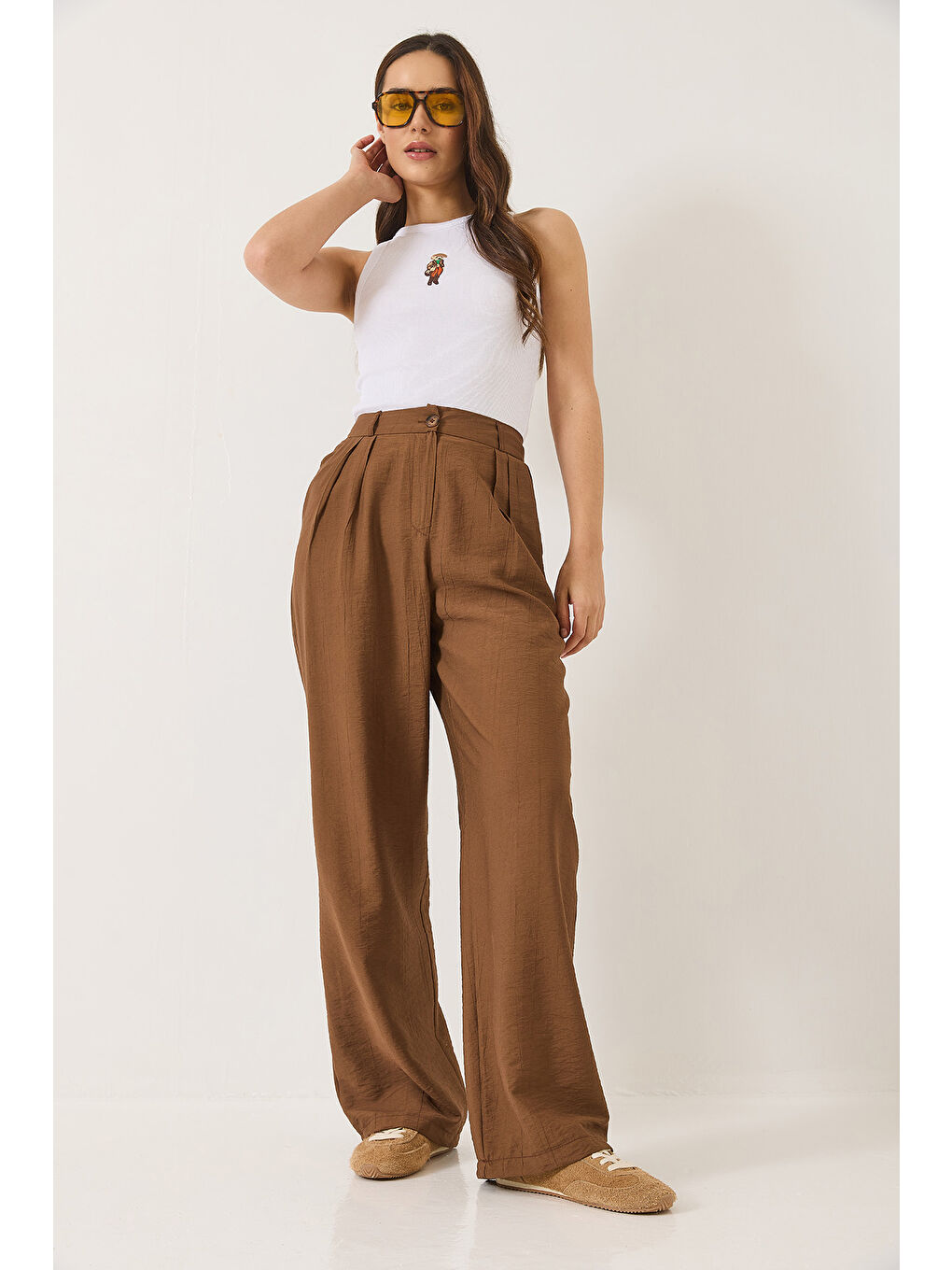 Kahverengi Kadın Cep Detaylı Palazzo Kumaş Pantolon-2