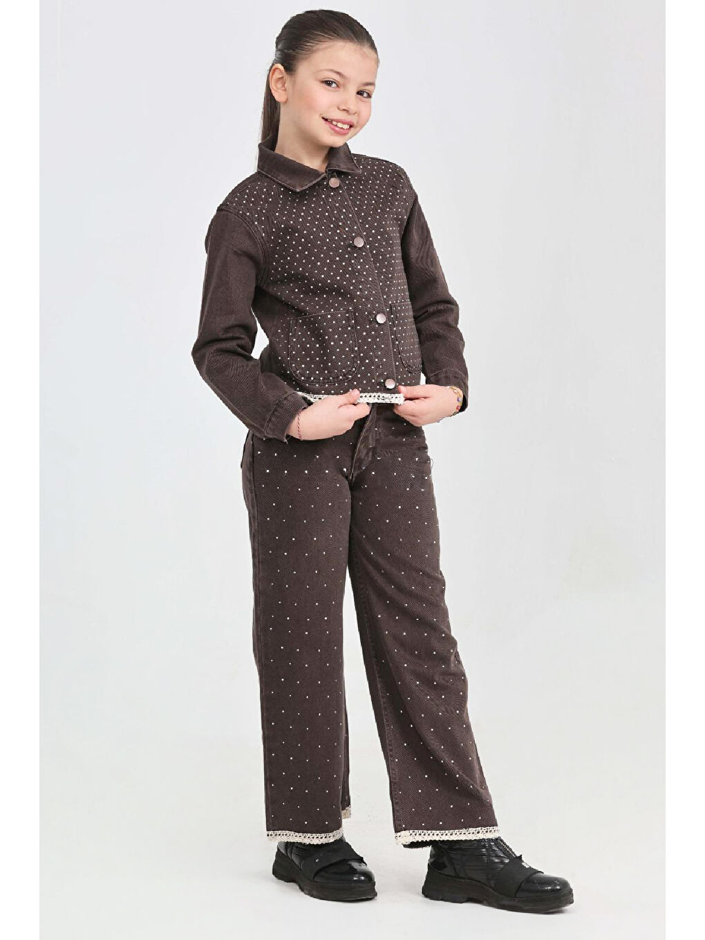 Kahverengi Kız Çocuk Jean Takım-Taş Süslemeli ve Nakış Detaylı 2-12 Yaş 12507