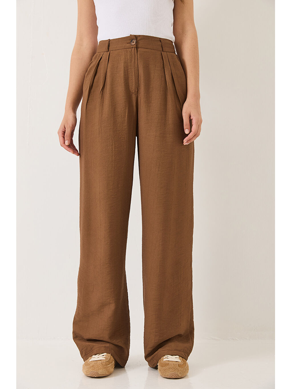 Kahverengi Kadın Cep Detaylı Palazzo Kumaş Pantolon-4