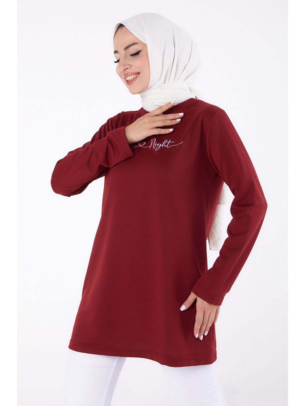 Bisiklet Yaka Kadın Bordo Baskılı Sweatshirt - 13328