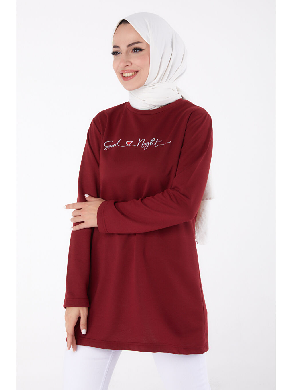 Bisiklet Yaka Kadın Bordo Baskılı Sweatshirt - 13328-1