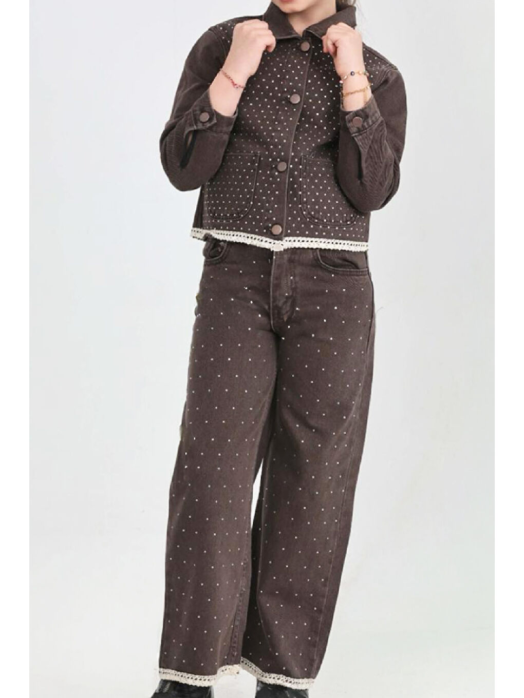 Kahverengi Kız Çocuk Jean Takım-Taş Süslemeli ve Nakış Detaylı 2-12 Yaş 12507-2