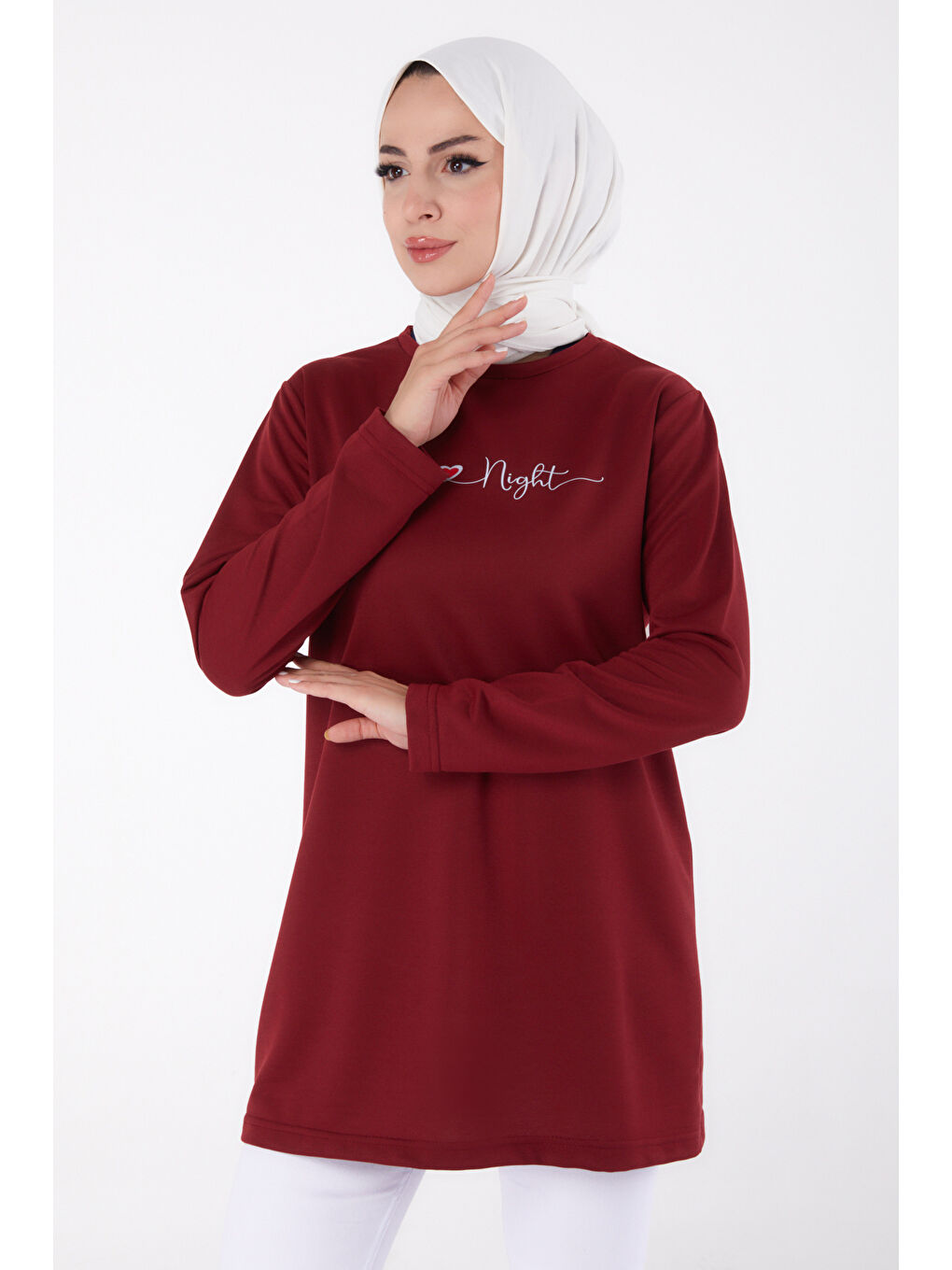 Bisiklet Yaka Kadın Bordo Baskılı Sweatshirt - 13328-2