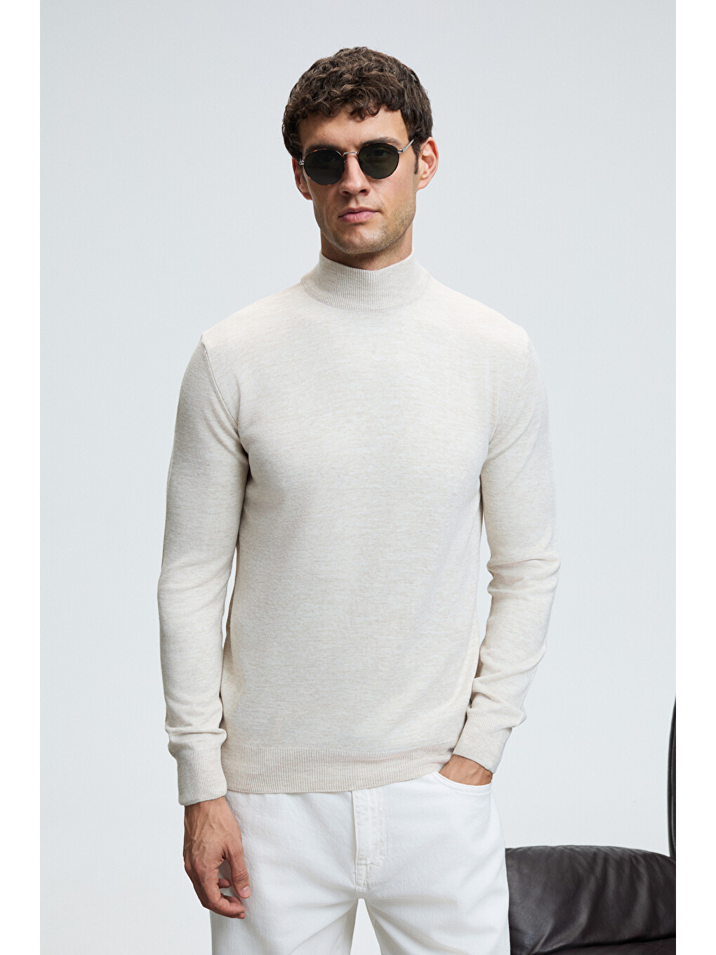 Rebel Erkek Yarım Balıkçı Yaka Basic Slim Fit Triko Bej Kazak-3