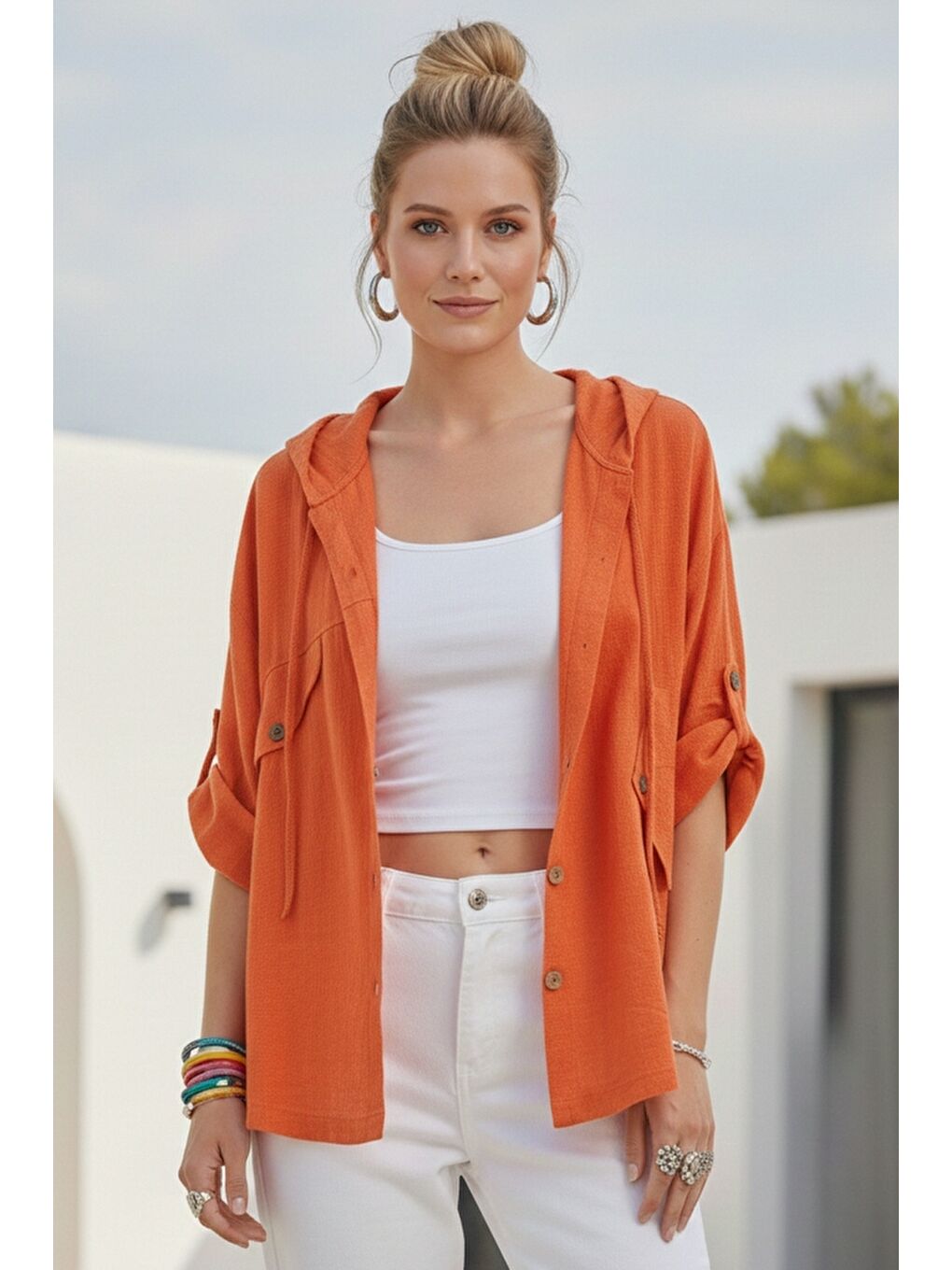 Turuncu Kapüşonlu Düğmeli 3/4 Kol Cepli Casual Keten Görünümlü Dokuma Ceket 65 65-1