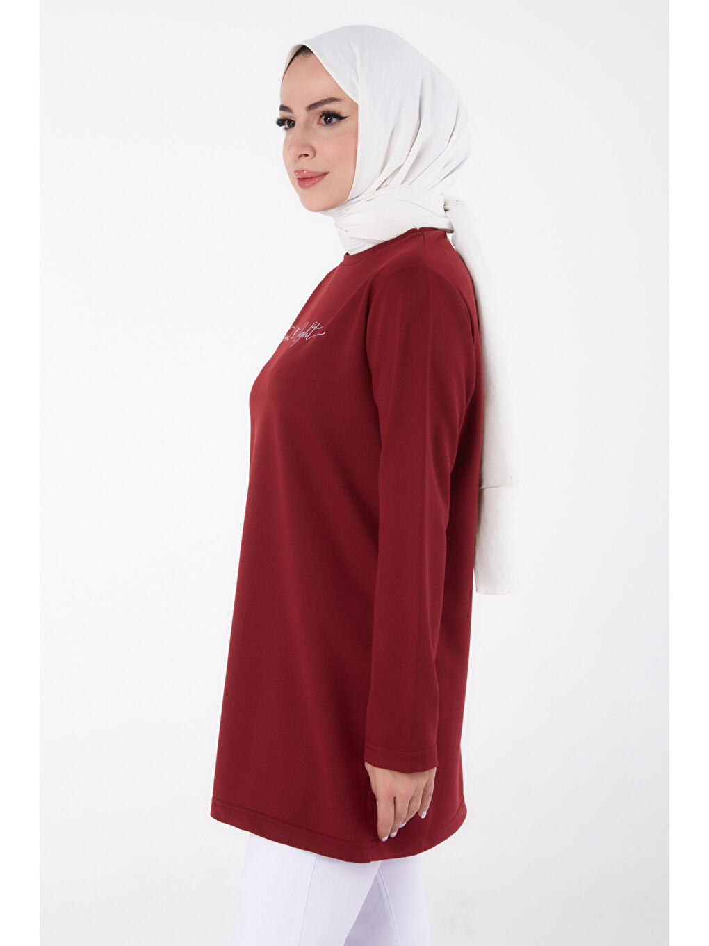 Bisiklet Yaka Kadın Bordo Baskılı Sweatshirt - 13328-3