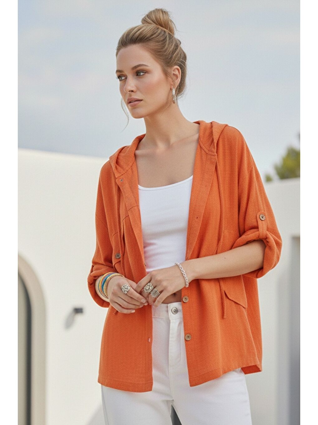Turuncu Kapüşonlu Düğmeli 3/4 Kol Cepli Casual Keten Görünümlü Dokuma Ceket 65 65-2