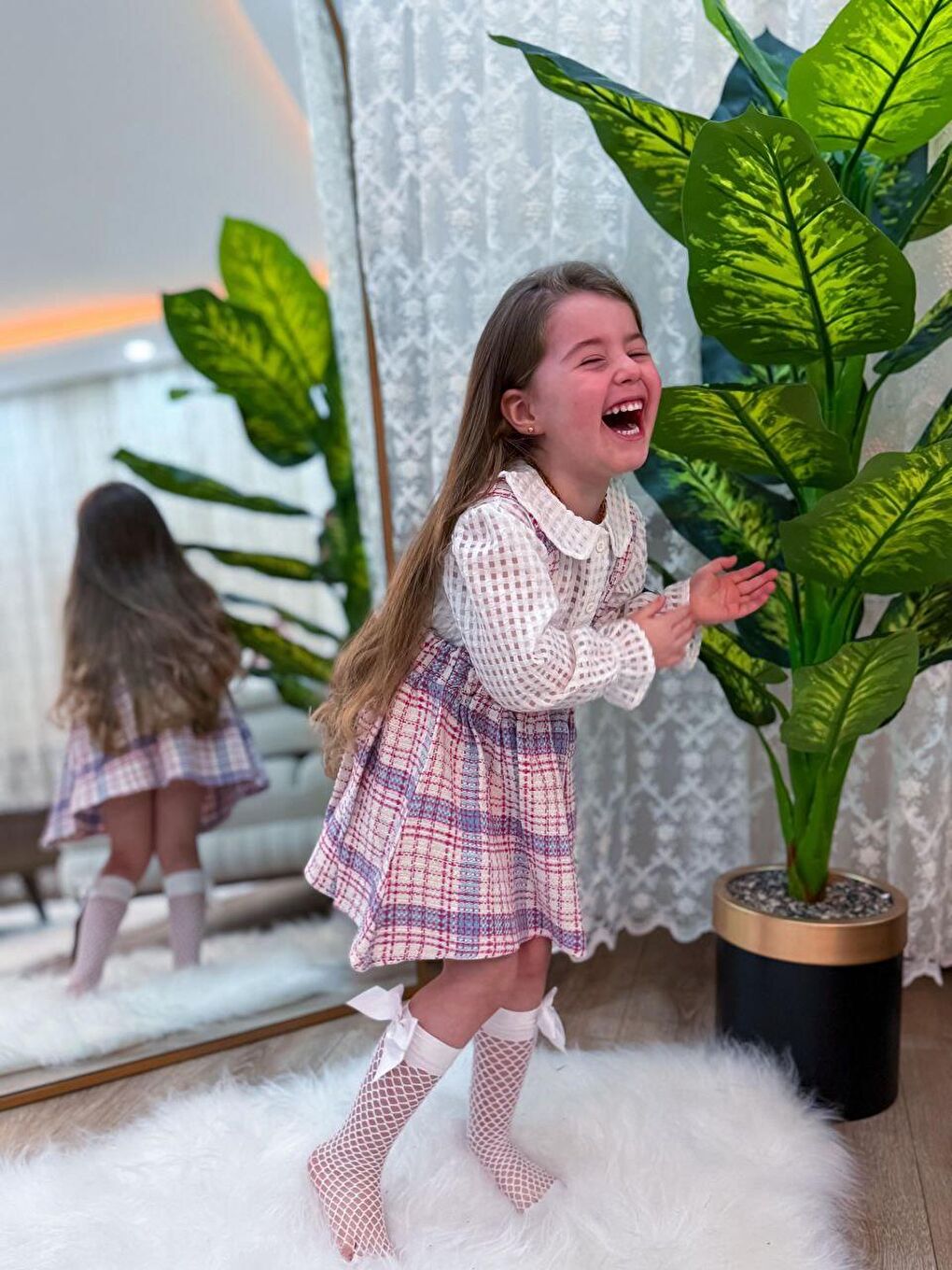 Karışık Kız Çocuk 2'Li Takım - Ekose Detaylı Salopet Elbise Ve Gömlek 3-10 Yaş-1