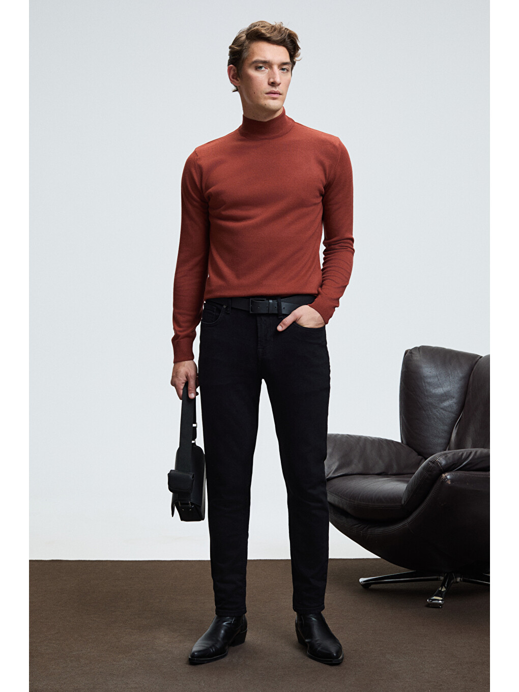 Kahverengi Rebel Erkek Yarım Balıkçı Yaka Basic Slim Fit Triko Kiremit Kazak-3