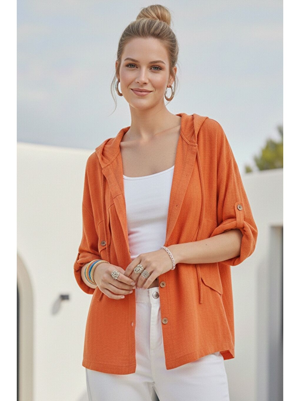 Turuncu Kapüşonlu Düğmeli 3/4 Kol Cepli Casual Keten Görünümlü Dokuma Ceket 65 65-3