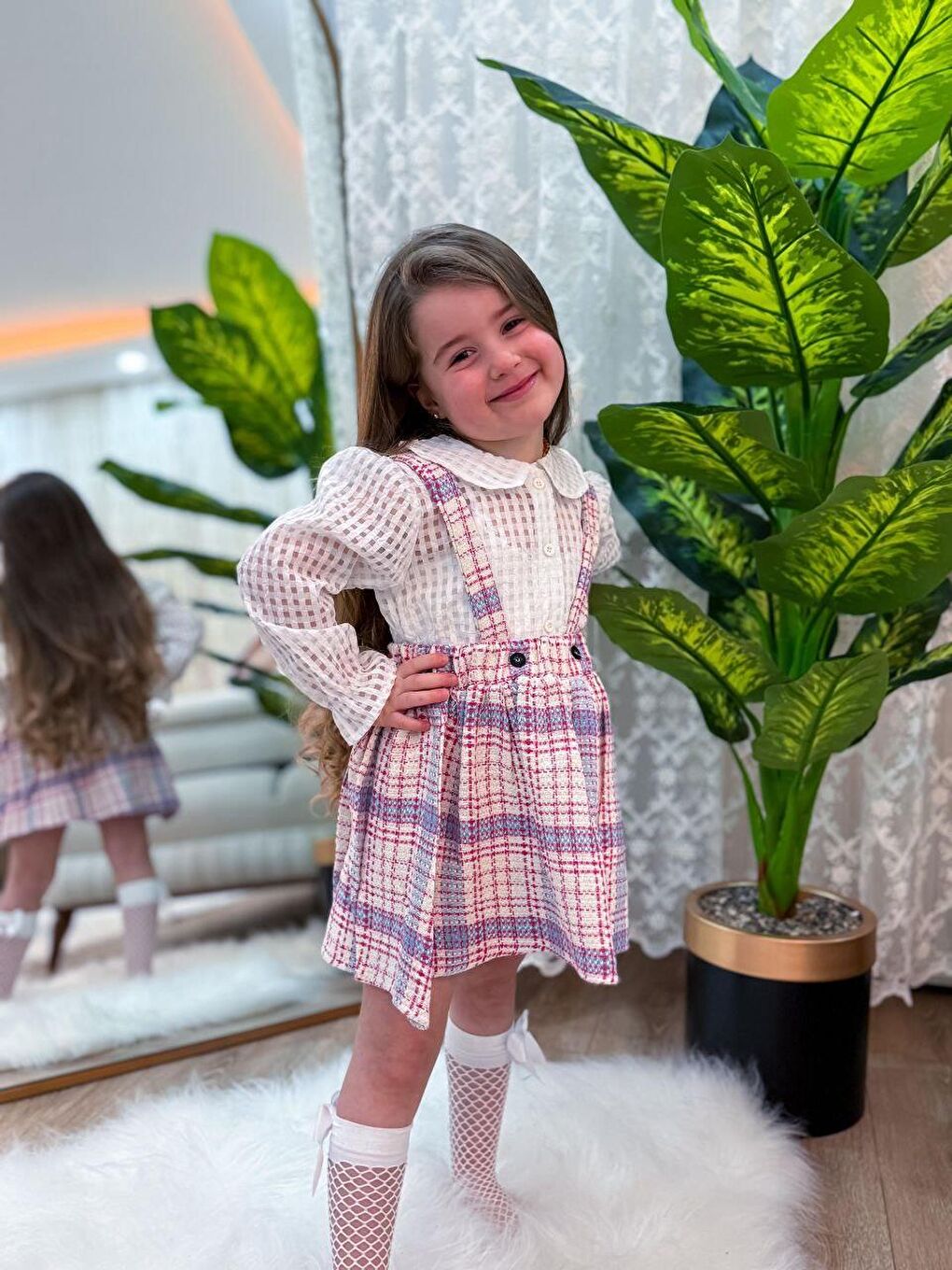 Karışık Kız Çocuk 2'Li Takım - Ekose Detaylı Salopet Elbise Ve Gömlek 3-10 Yaş-2