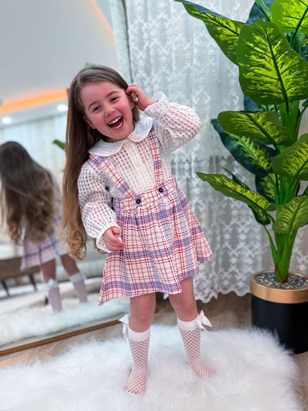 Karışık Kız Çocuk 2'Li Takım - Ekose Detaylı Salopet Elbise Ve Gömlek 3-10 Yaş-3