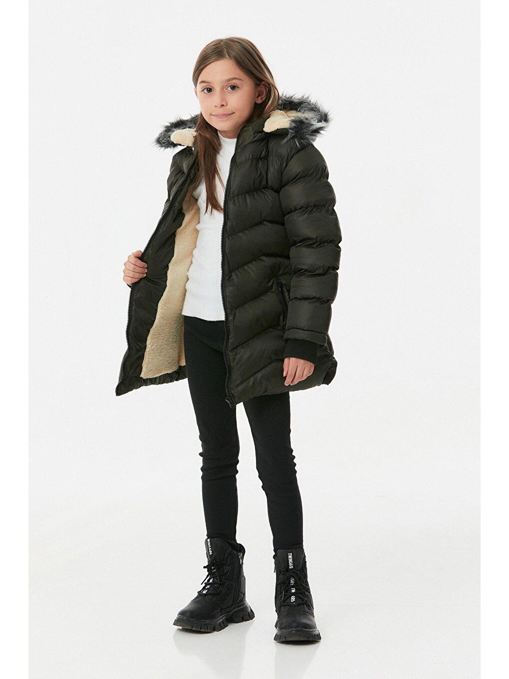 Haki Cebi Fermuarlı Kız Çocuk Şişme Mont