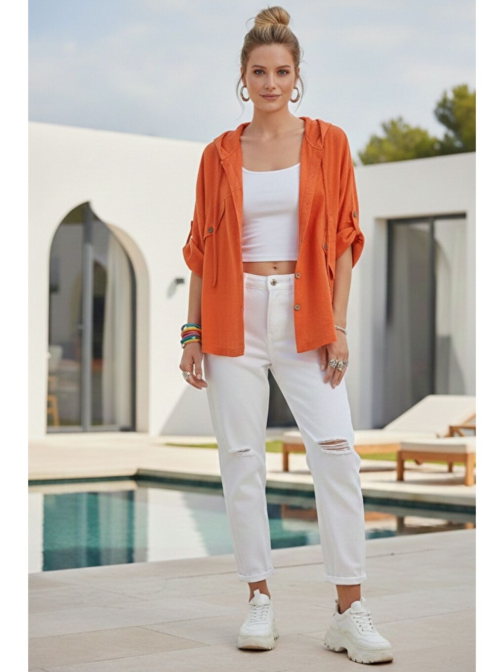 Turuncu Kapüşonlu Düğmeli 3/4 Kol Cepli Casual Keten Görünümlü Dokuma Ceket 65 65-4