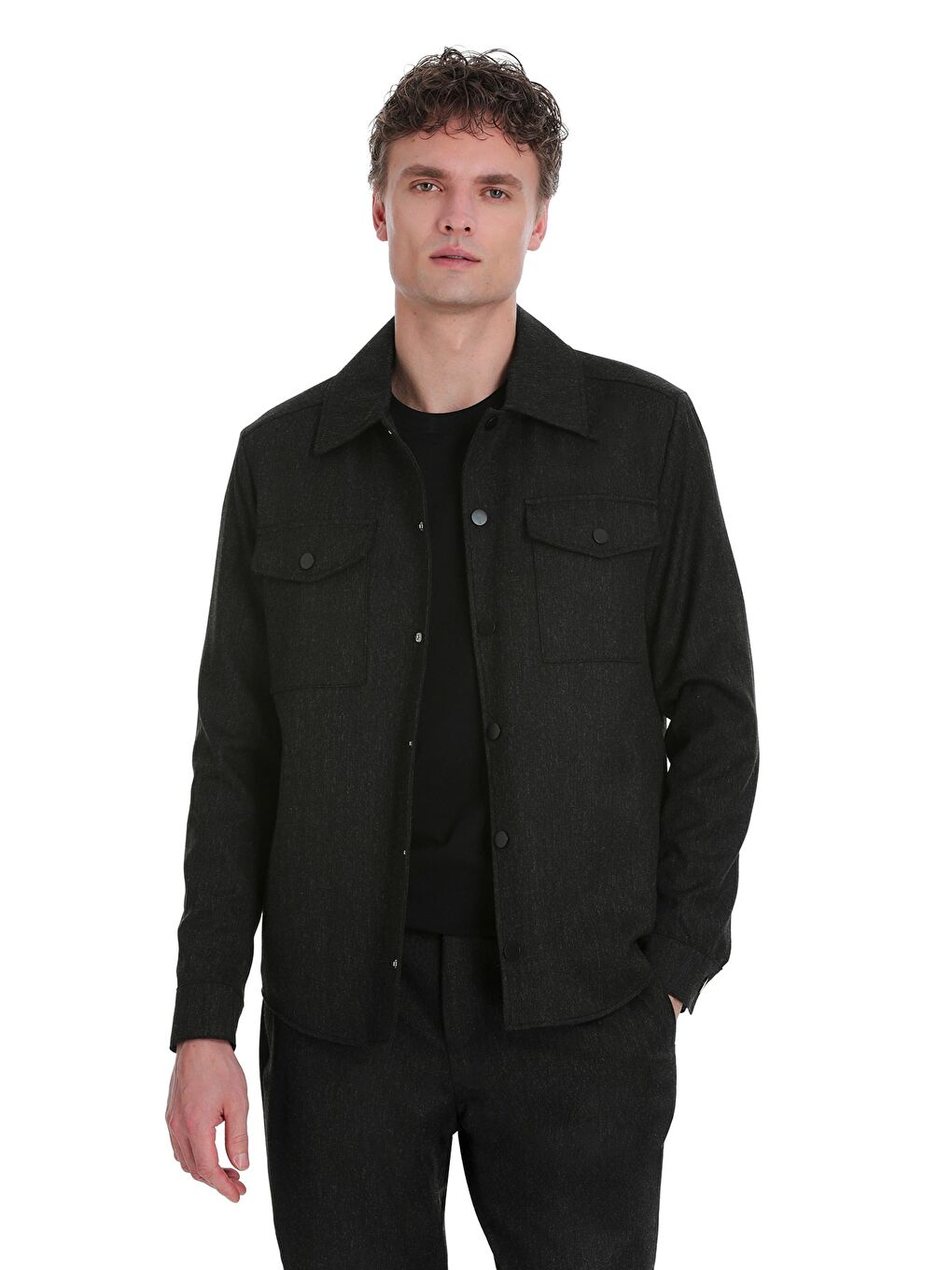 Antrasit Slim Fit Mono Yaka Casual Overshirt Takım