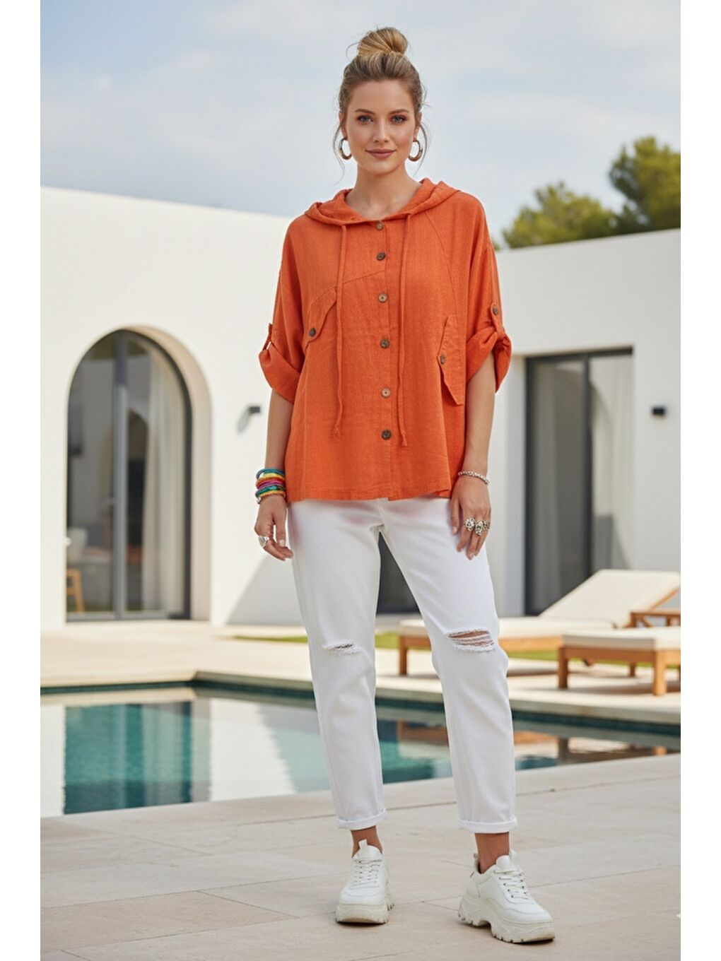 Turuncu Kapüşonlu Düğmeli 3/4 Kol Cepli Casual Keten Görünümlü Dokuma Ceket 65 65-5
