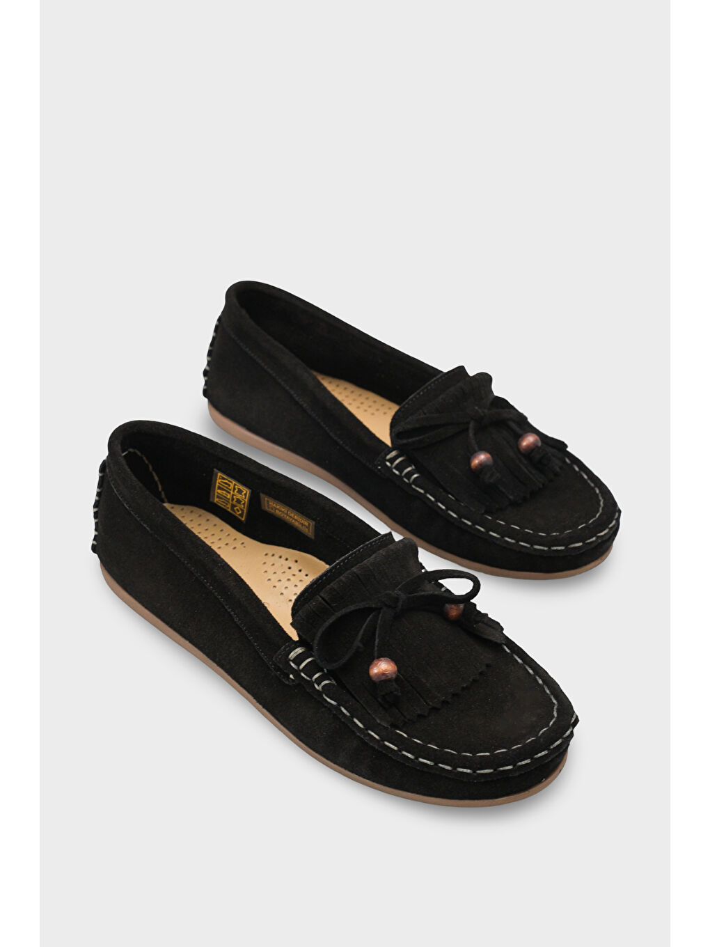 Siyah Almire Hakiki Deri Süet Boncuklu Püsküllü Konfor Kadın Loafer Ayakkabı-1