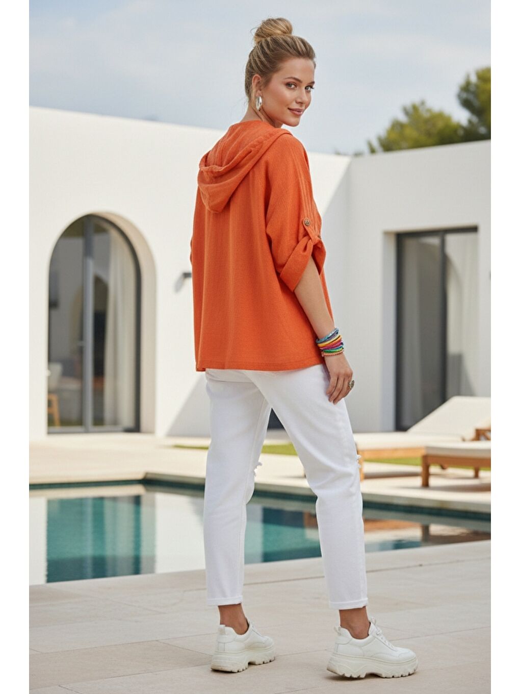 Turuncu Kapüşonlu Düğmeli 3/4 Kol Cepli Casual Keten Görünümlü Dokuma Ceket 65 65-6