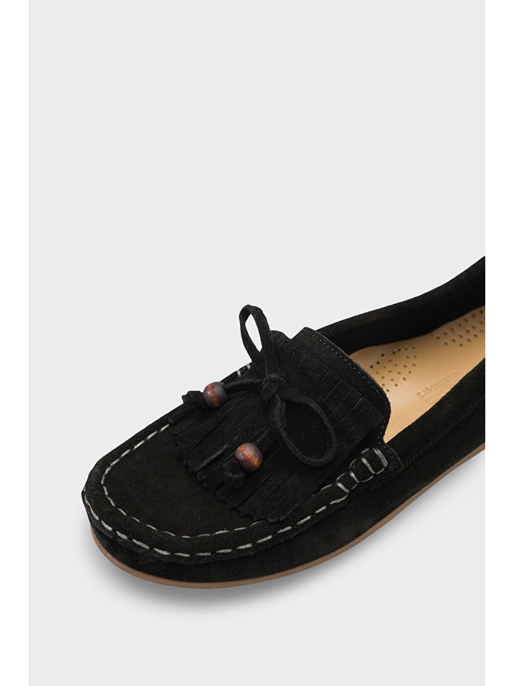 Siyah Almire Hakiki Deri Süet Boncuklu Püsküllü Konfor Kadın Loafer Ayakkabı-2