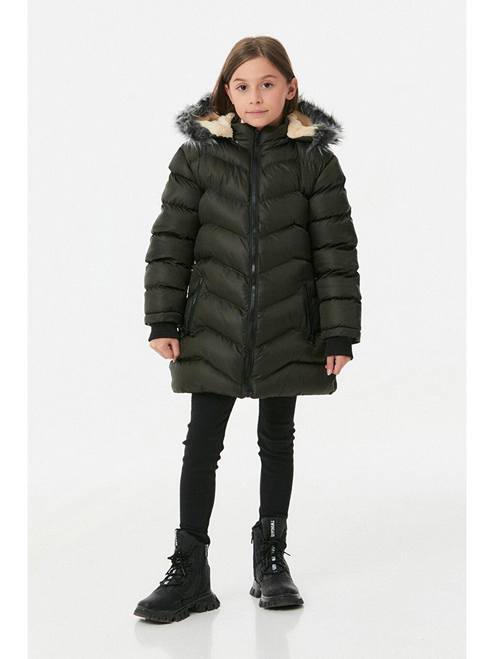 Haki Cebi Fermuarlı Kız Çocuk Şişme Mont-1