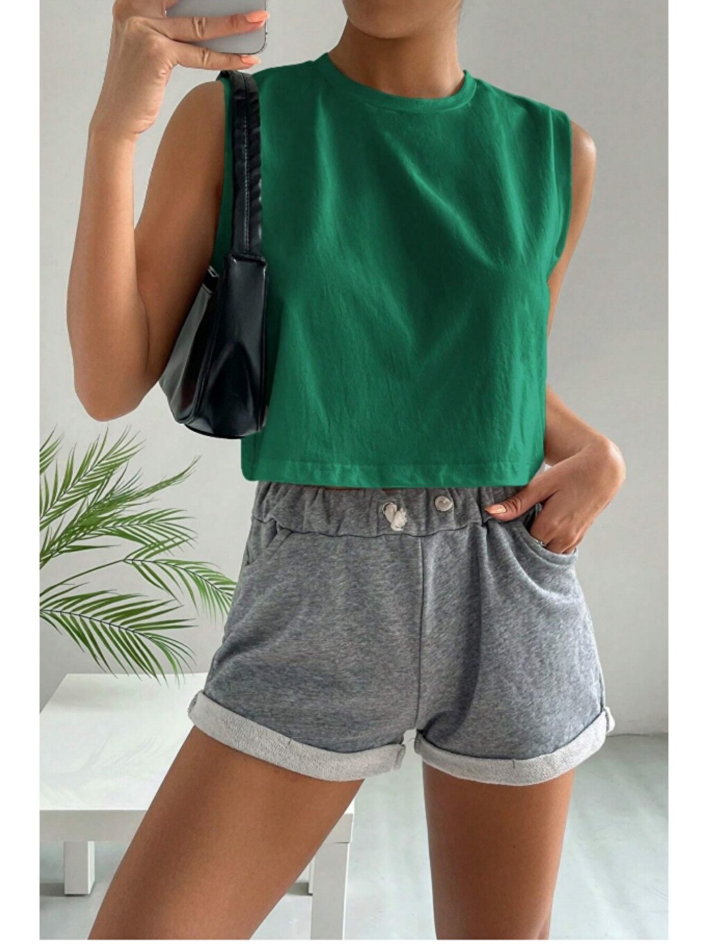 Yeşil %100 Pamuk Basic Bisiklet Yaka Süprem Kolsuz T-shirt-1