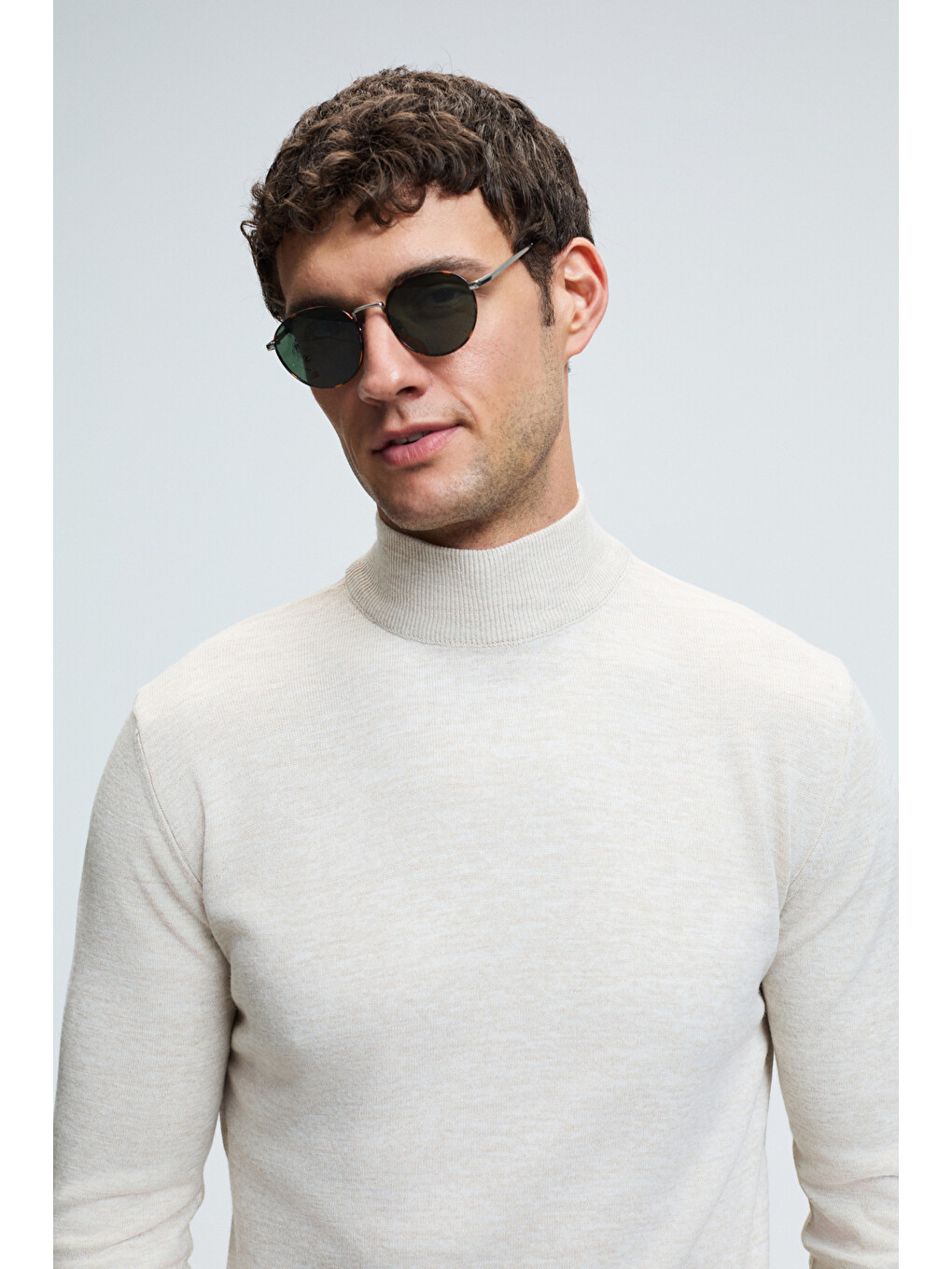 Rebel Erkek Yarım Balıkçı Yaka Basic Slim Fit Triko Bej Kazak-4
