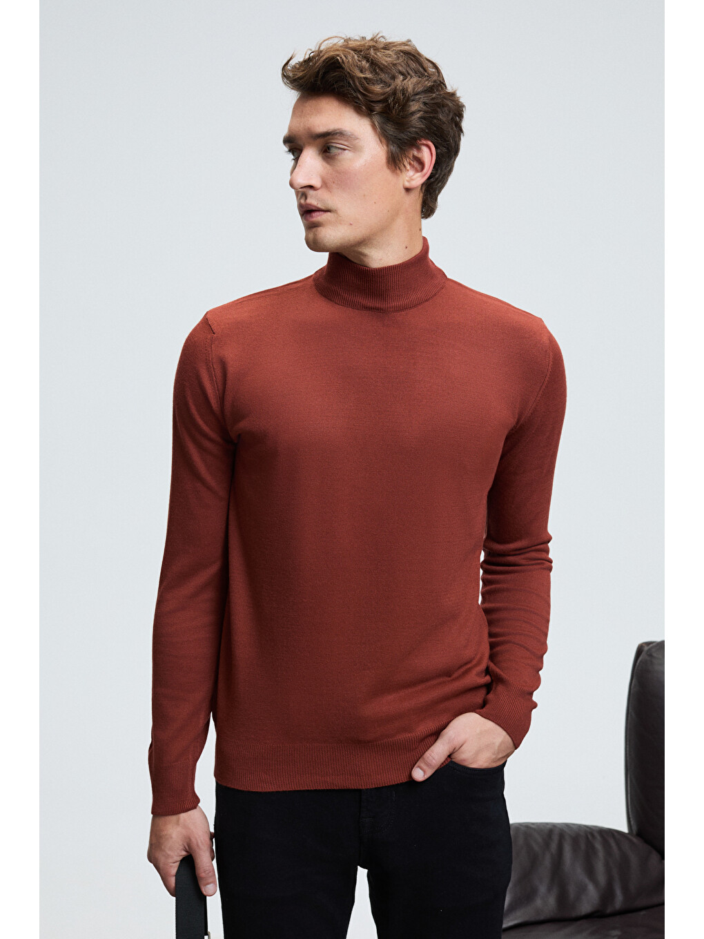 Kahverengi Rebel Erkek Yarım Balıkçı Yaka Basic Slim Fit Triko Kiremit Kazak-4