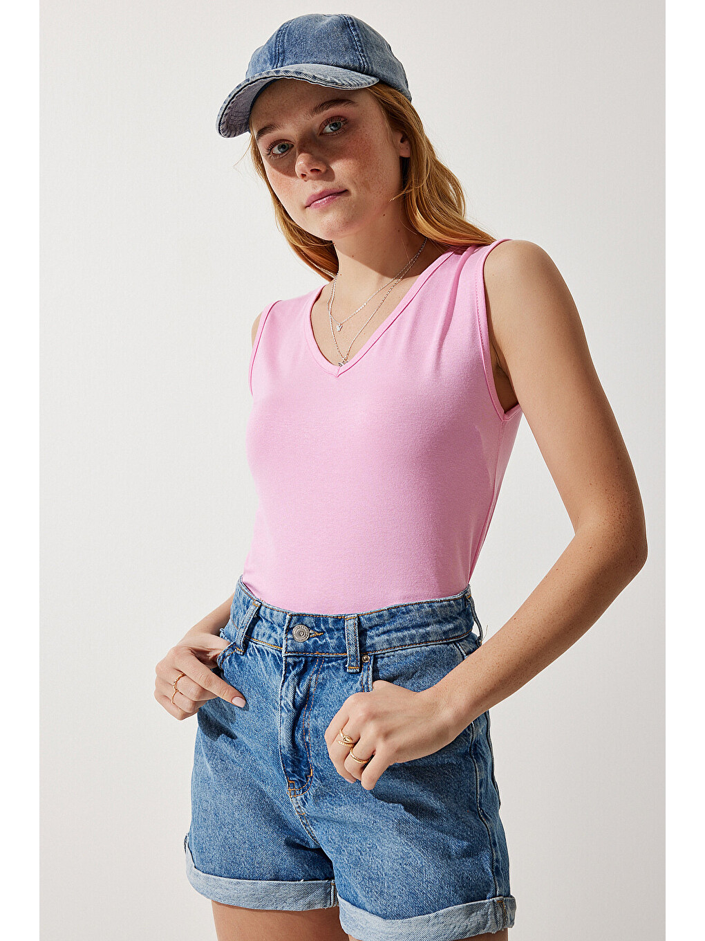 Pembe Derin Ön Arka V Yaka Viskon Bluz ŞEKER PEMBE LEN0006-1