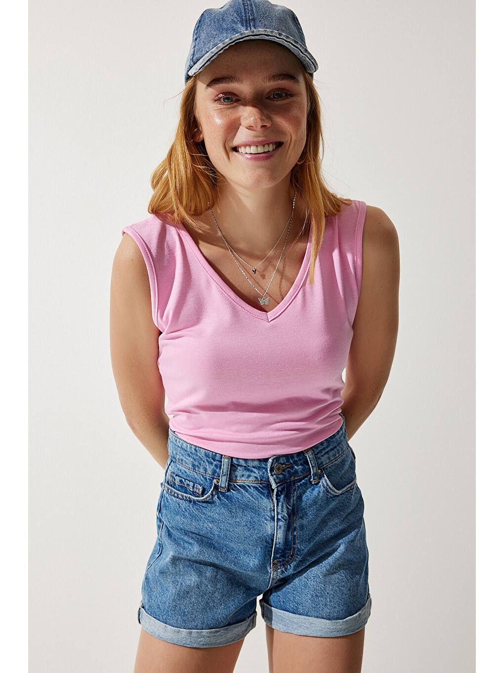 Pembe Derin Ön Arka V Yaka Viskon Bluz ŞEKER PEMBE LEN0006-3