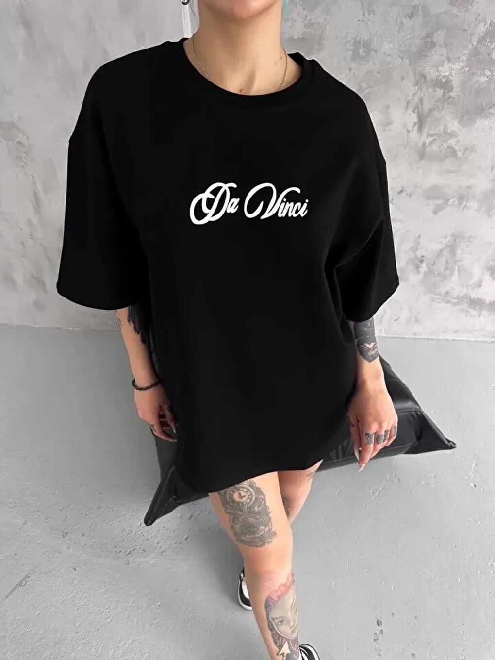 Unisex Baskılı Oversize T-Shirt - Siyah-1