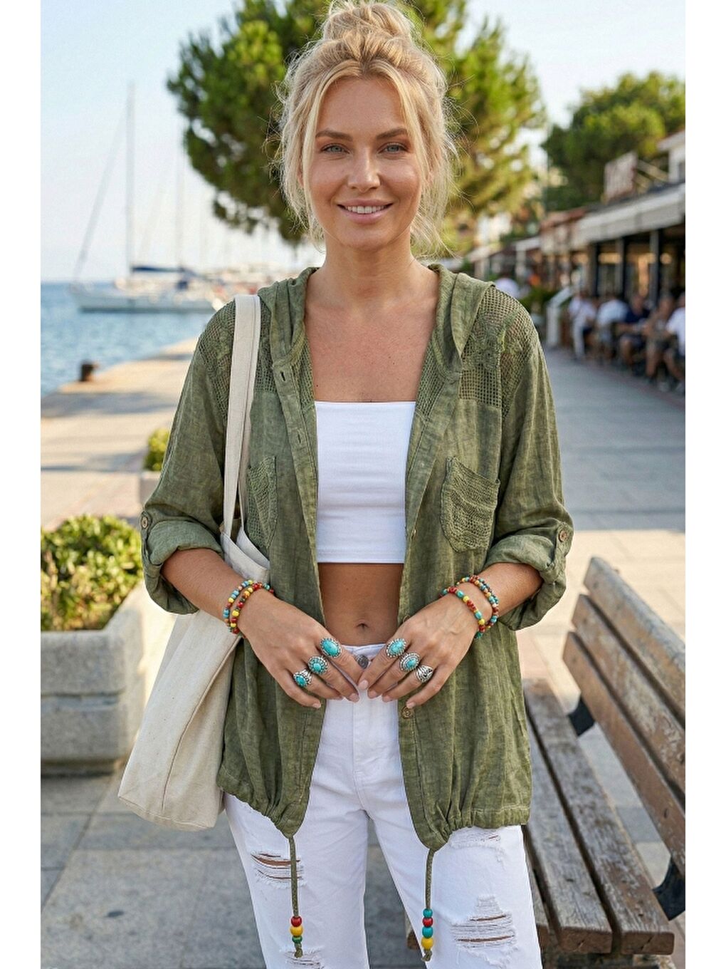 Yeşil Uzun Kol Arkası Yıldız Desenli Omuzları File Ve Yıldız Detaylı Casual Dokuma Ceket 70 65