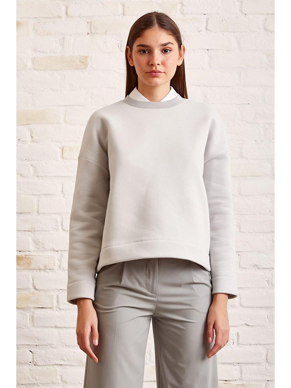 NEVER MORE Mavi Bisiklet Yaka Oversize Sweatshirt - 1