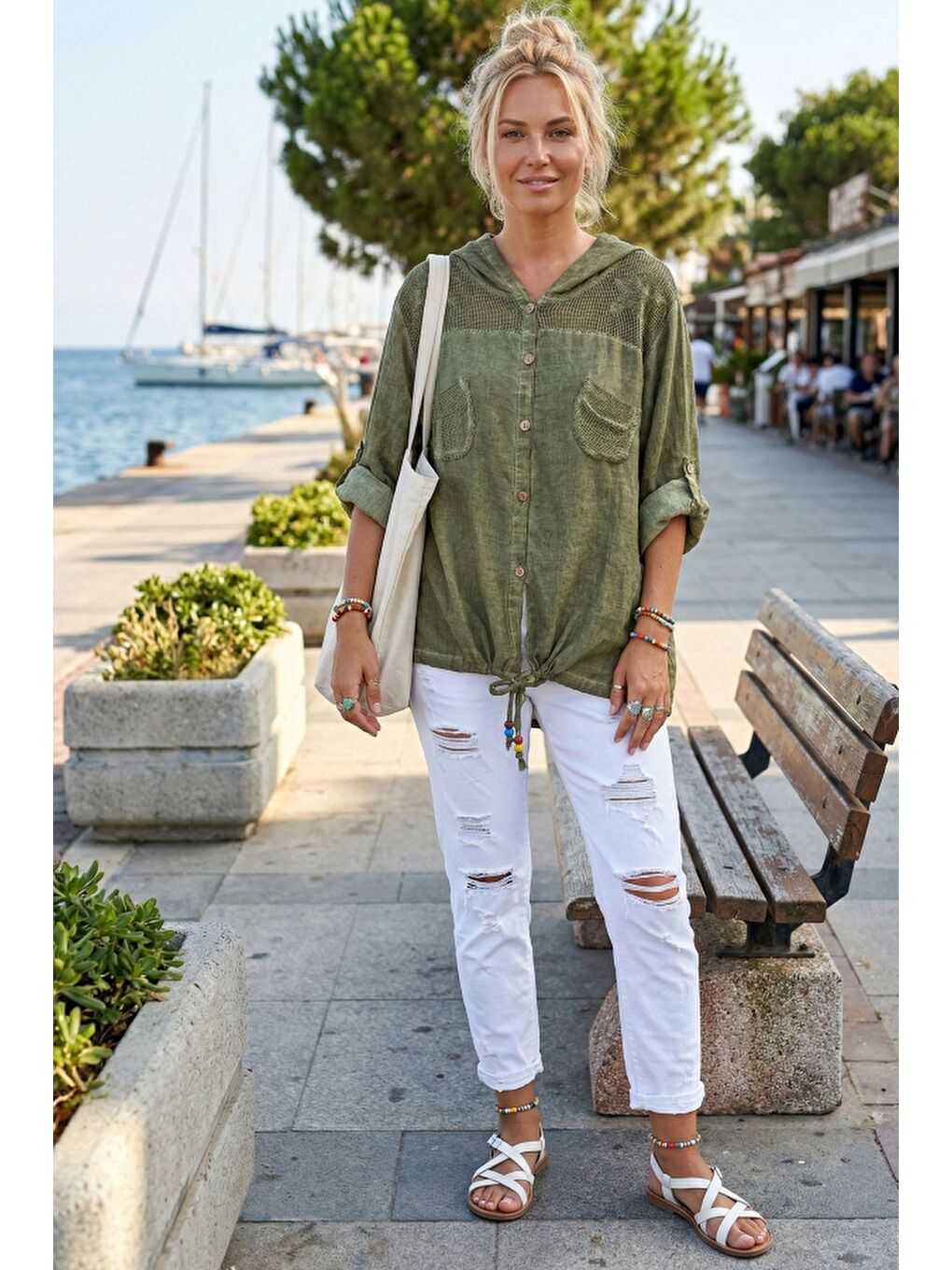 Yeşil Uzun Kol Arkası Yıldız Desenli Omuzları File Ve Yıldız Detaylı Casual Dokuma Ceket 70 65-2