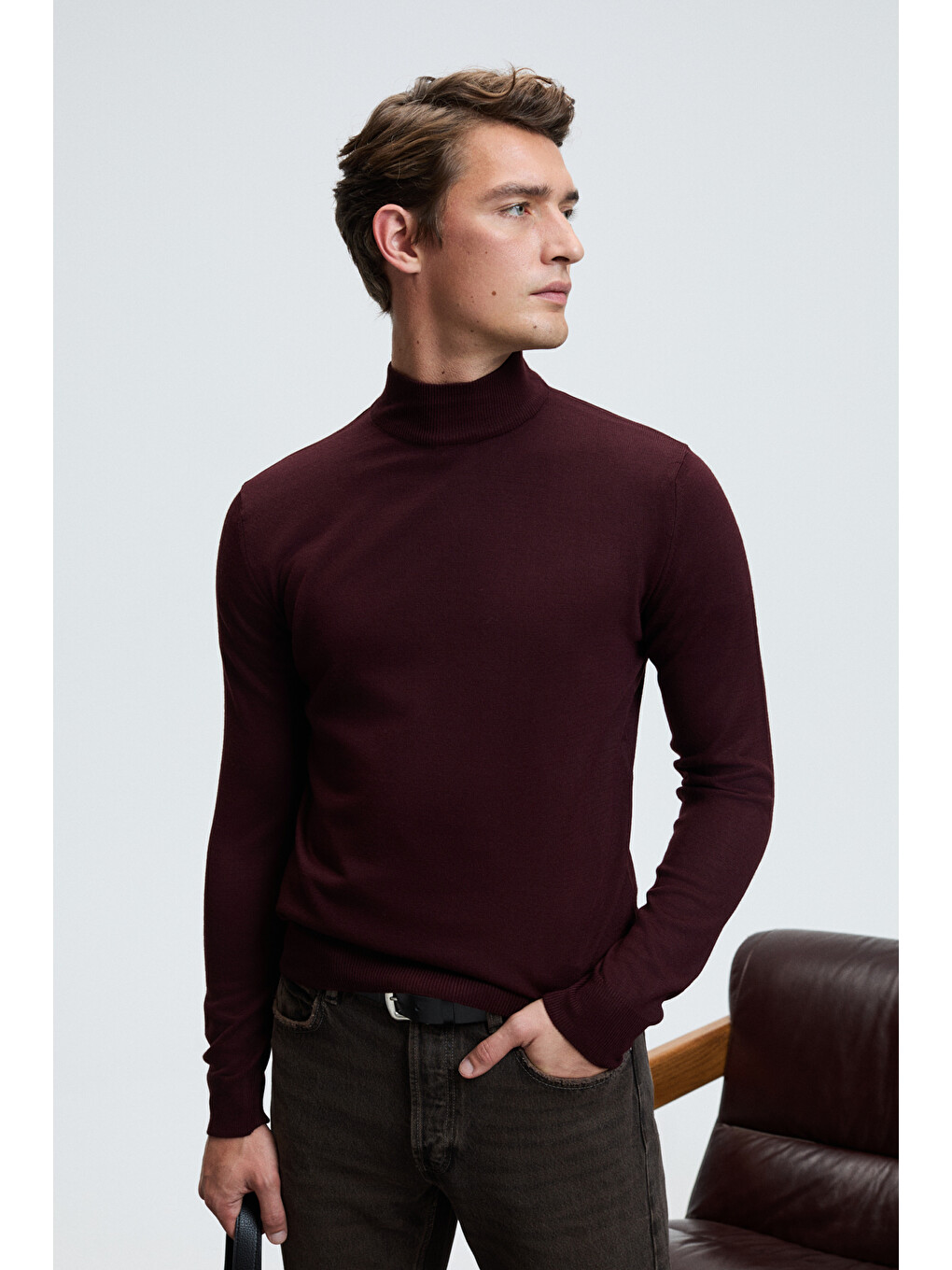 Rebel Erkek Yarım Balıkçı Yaka Basic Slim Fit Triko Bordo Kazak-1