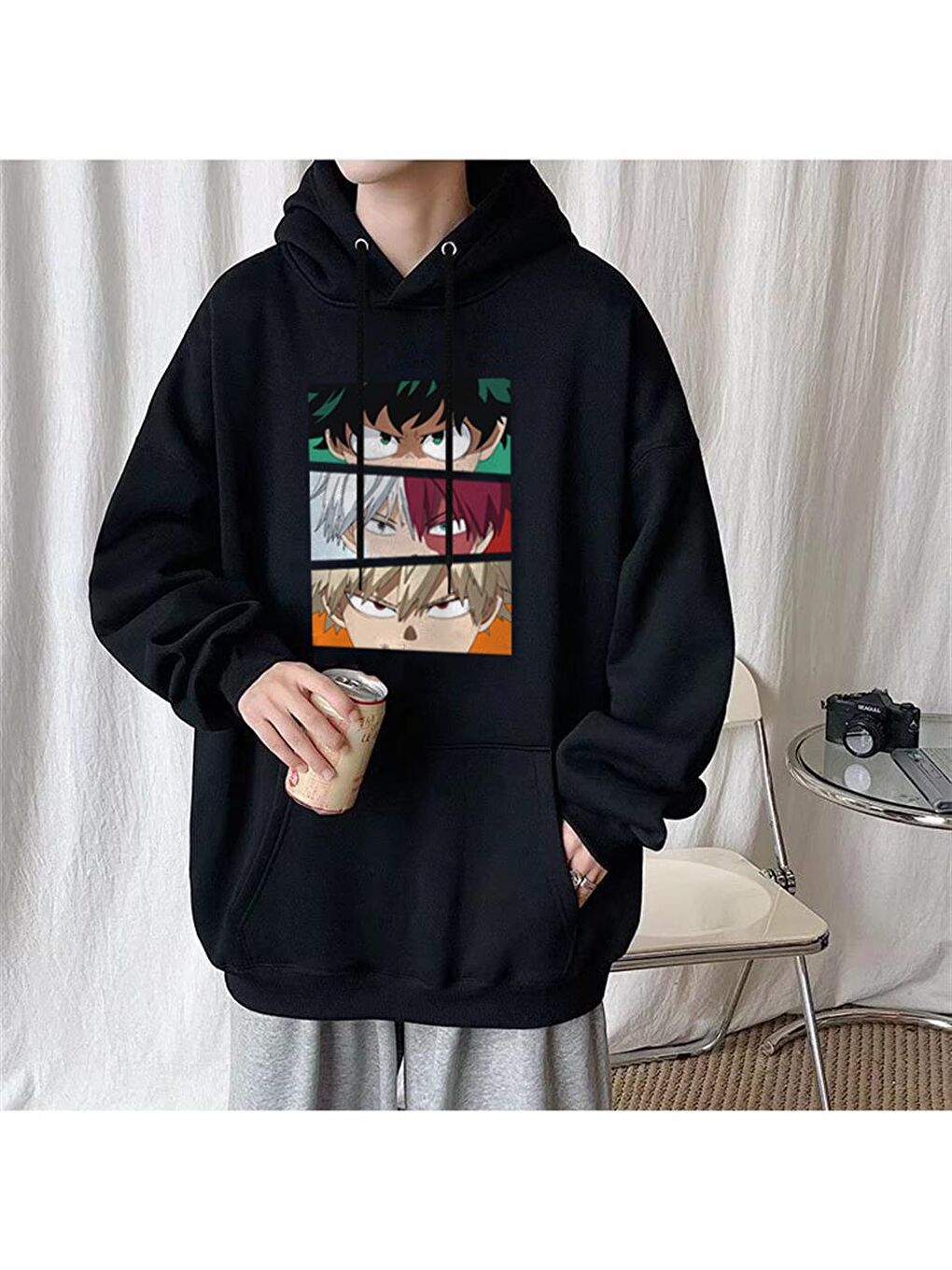 Touz Moda Siyah My Hero Academia Eyes Baskılı Siyah Unisex Oversize Kapüşonlu Sweatshirt