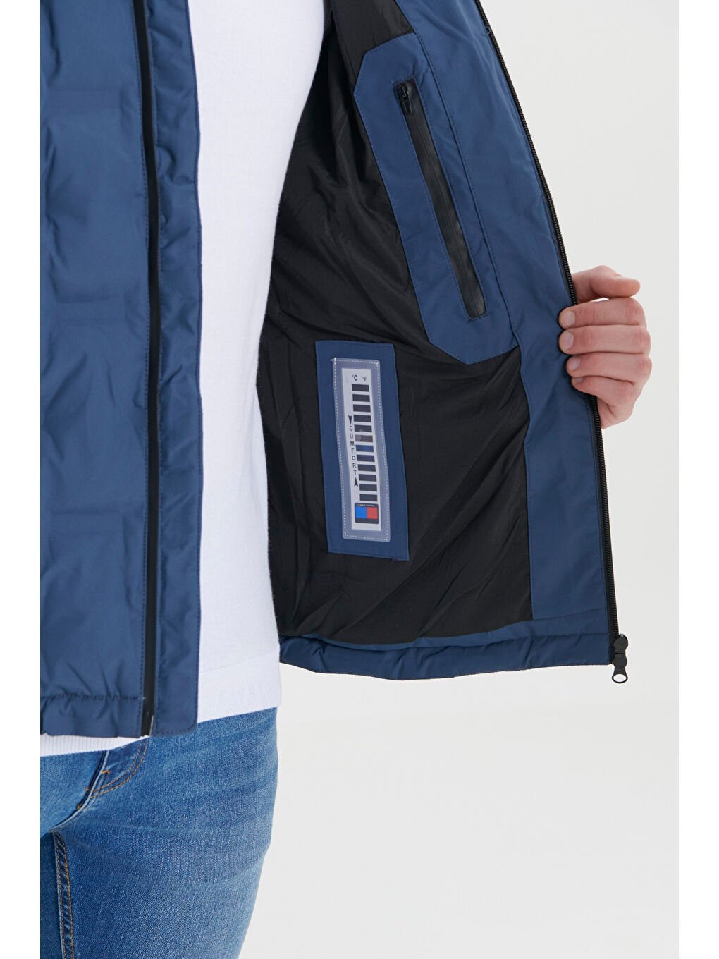 Erkek Lacivert Standart Fit Normal Kesim Kapüşonlu Desenli Mont-4