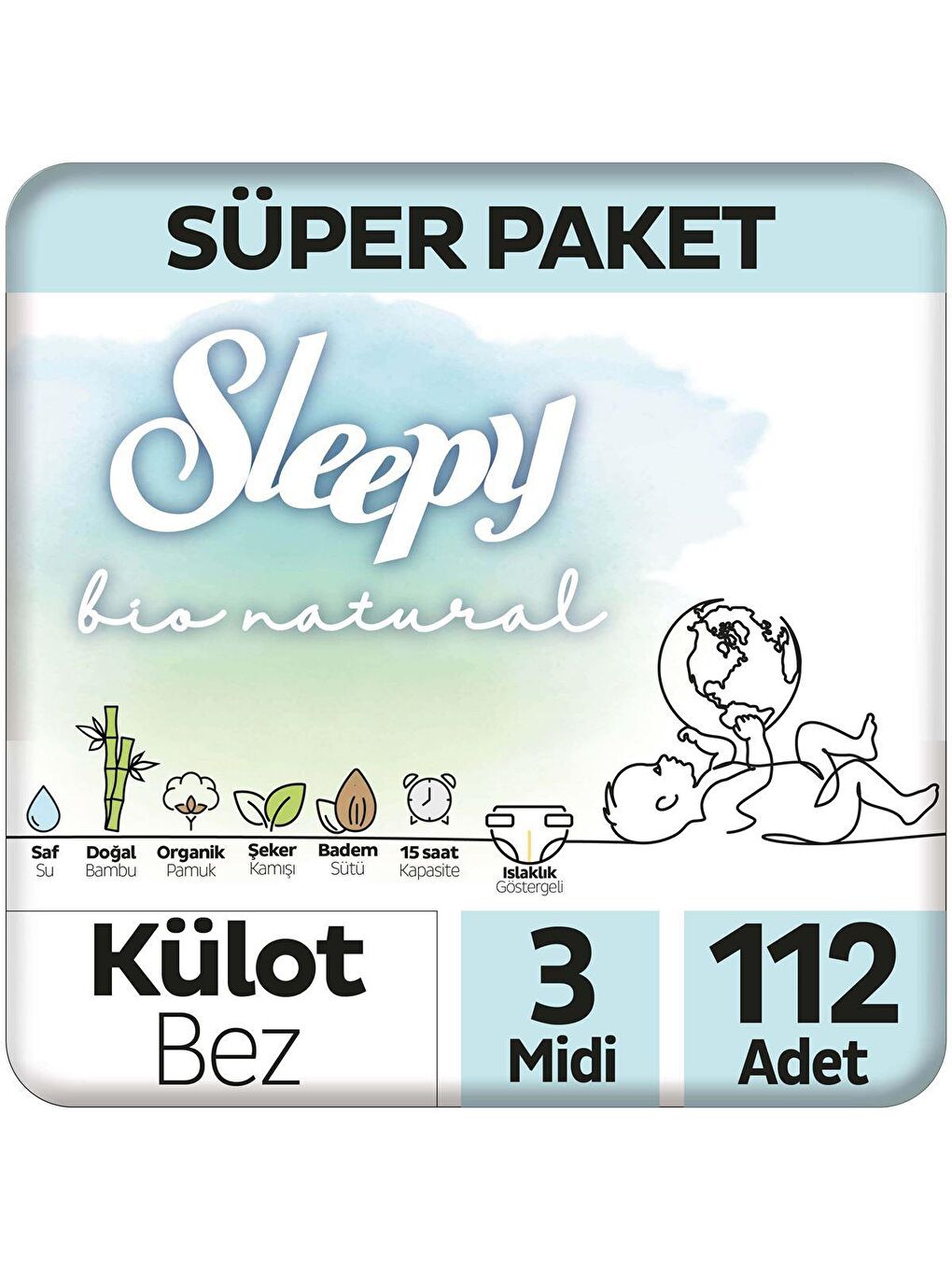 Sleepy Beyaz Tekli Paket Bio Natural Süper Paket Külot Bez 3 Numara Midi 112 Adet