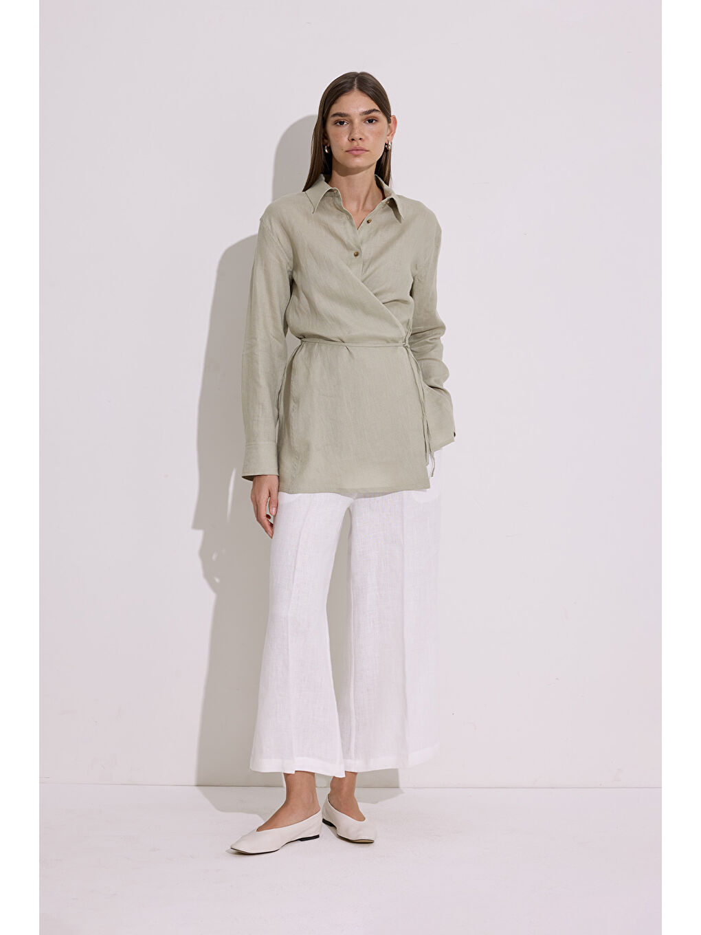 Keten Bağlama Detaylı Gömlek Yeşil