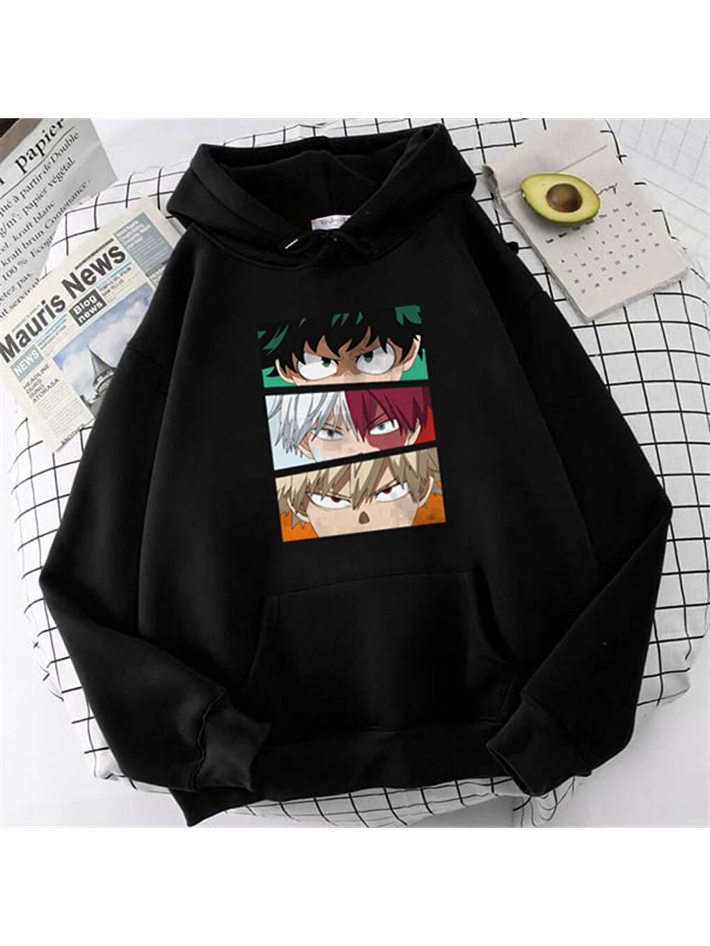 Touz Moda Siyah My Hero Academia Eyes Baskılı Siyah Unisex Oversize Kapüşonlu Sweatshirt - 1