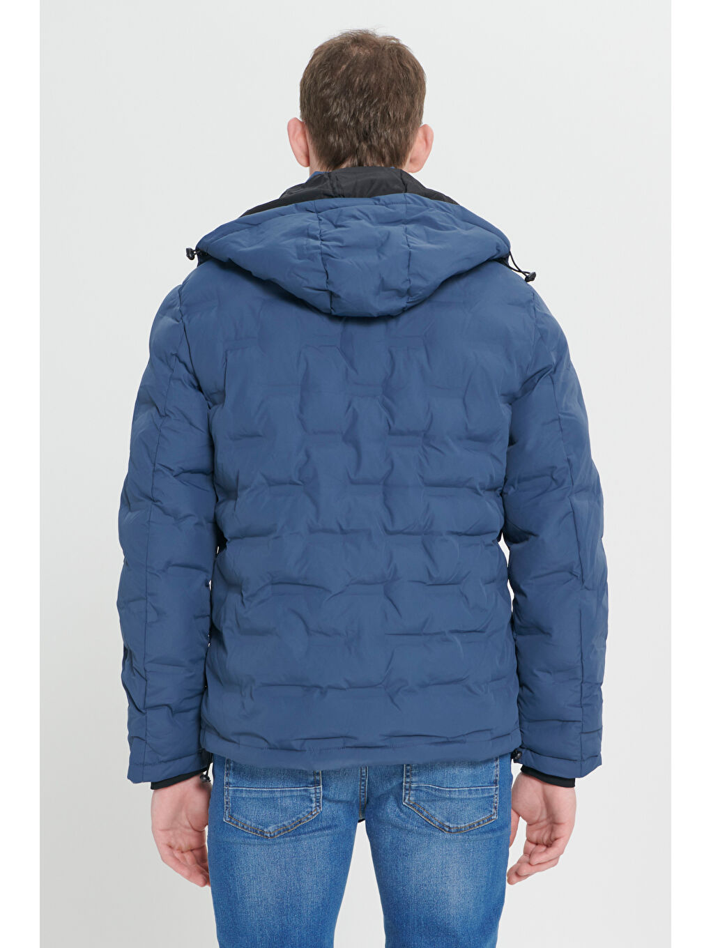 Erkek Lacivert Standart Fit Normal Kesim Kapüşonlu Desenli Mont-7