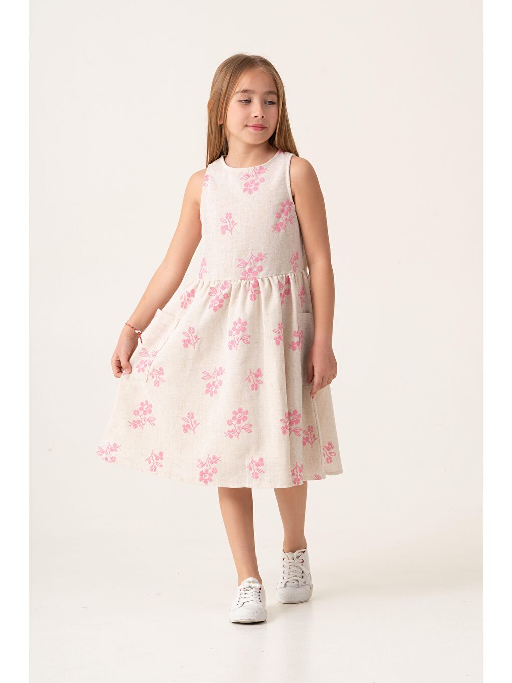 Pembe Kız Çocuk Keten Ekru Çiçek Desenli Elbise - Yazlık Şıklık